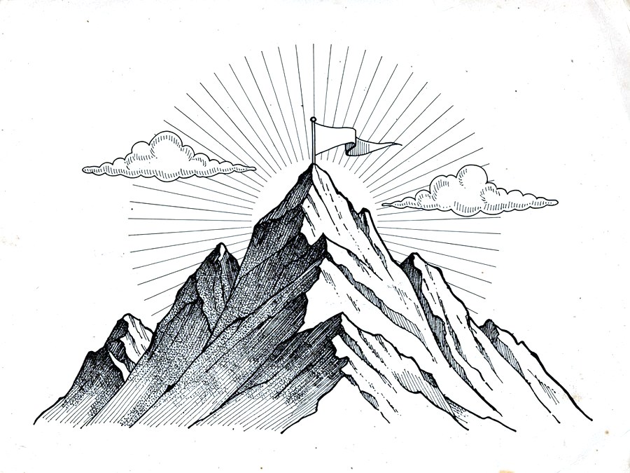 Ink drawing of a mountain with a flag on the summit